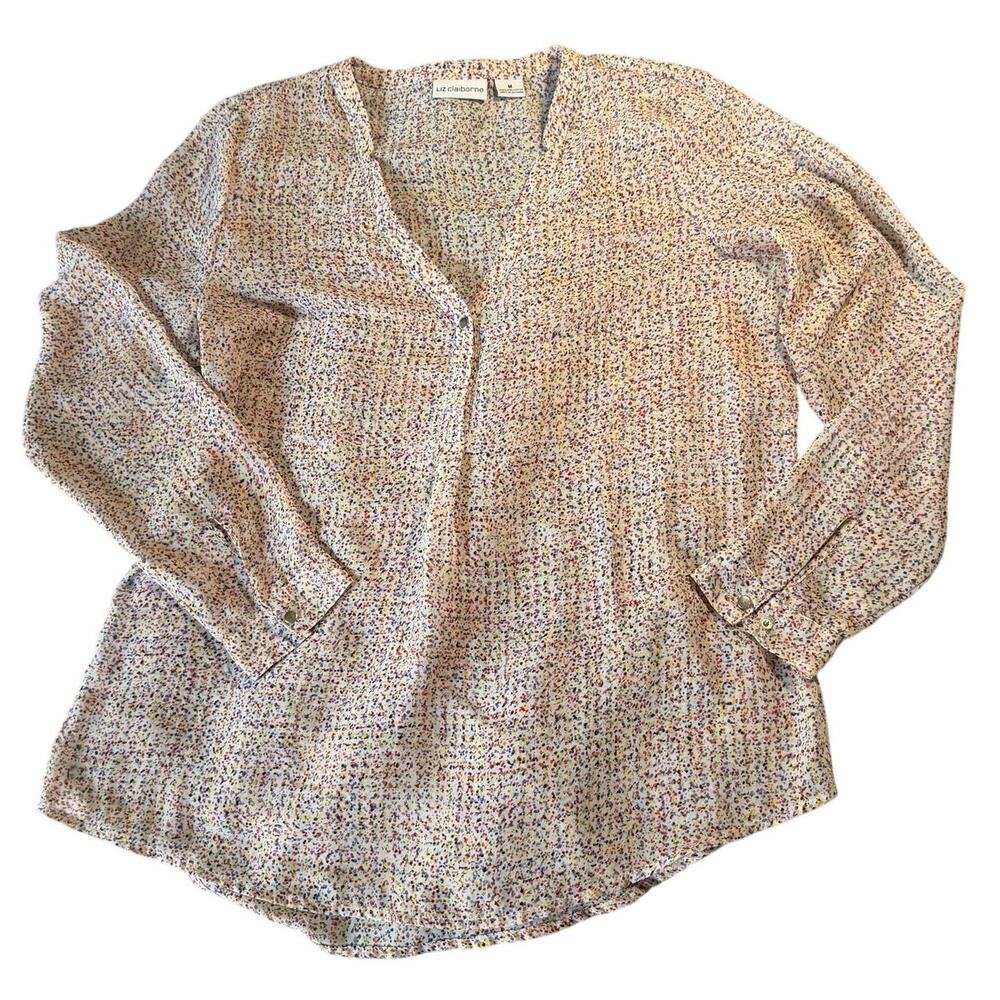 Liz Claiborne Women’s M Multicolor Confetti Print Semi Sheer Blouse Long Sleeve